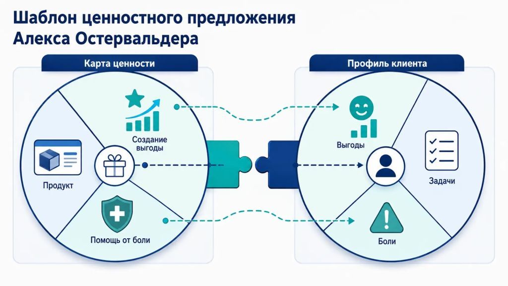 Инфографика Value Proposition Canvas Остервальдера с картой ценности и профилем клиента. 