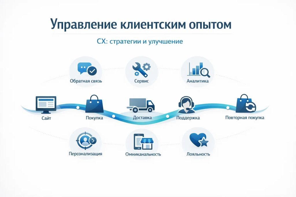 Обложка-инфографика об управлении клиентским опытом и ключевых методах улучшения CX.