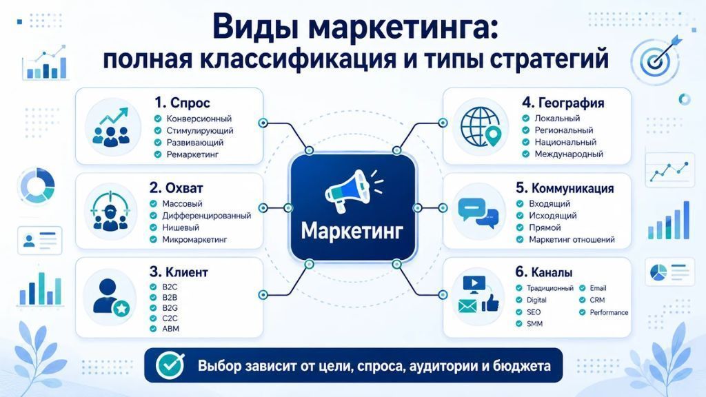 Виды маркетинга: классификация и типы стратегий по ключевым признакам.