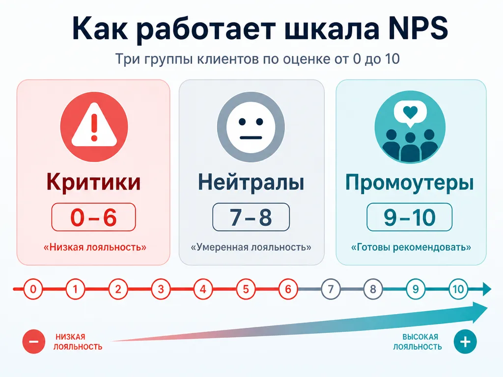 Шкала NPS с критиками, нейтралами и промоутерами