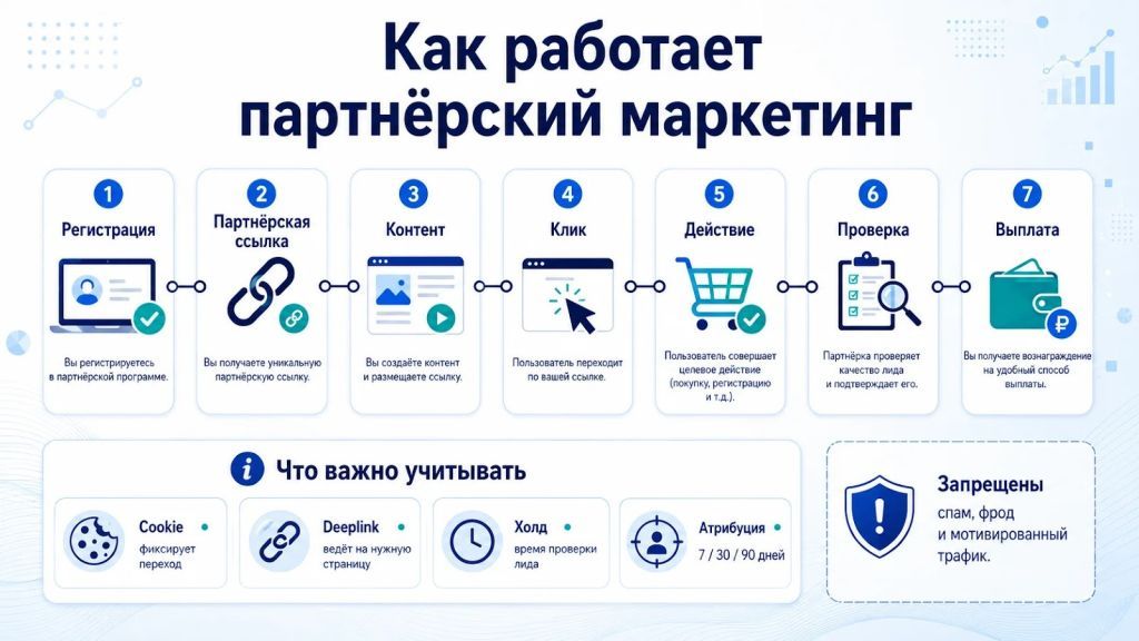 Как работает партнёрский маркетинг: путь от регистрации до выплаты партнёру.