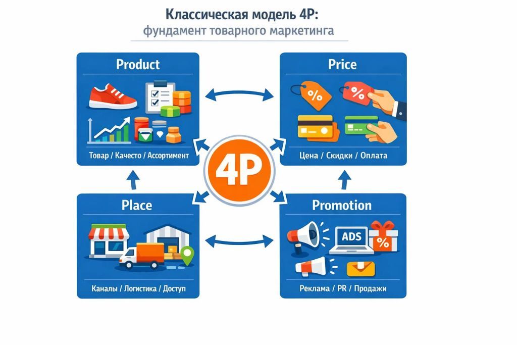 Инфографика о классической модели 4P: продукт, цена, место продаж и продвижение.