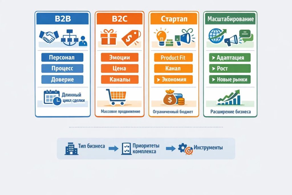 Инфографика о различиях маркетингового комплекса для B2B, B2C, стартапов и масштабирующихся компаний.