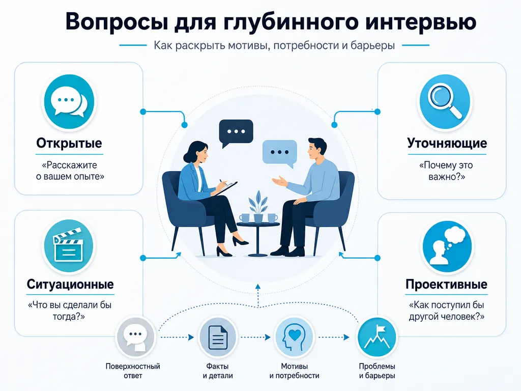 Вопросы для глубинного интервью: открытые, уточняющие, ситуационные и проективные вопросы