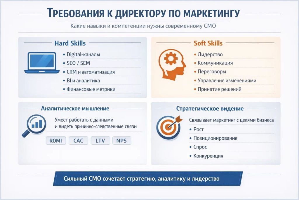 Инфографика с требованиями к директору по маркетингу: hard skills, soft skills, аналитика и стратегическое мышление.