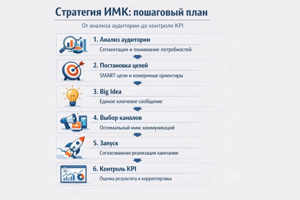 Пошаговая инфографика по разработке стратегии ИМК: анализ, цели, Big Idea, выбор каналов, запуск и контроль.