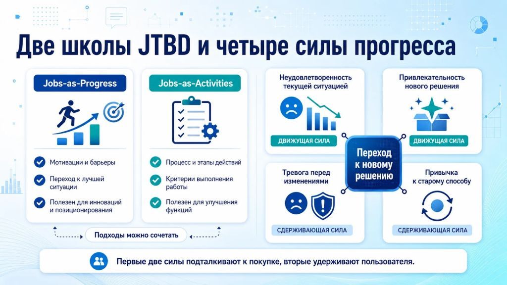 Две школы JTBD и четыре силы прогресса, влияющие на выбор нового решения.