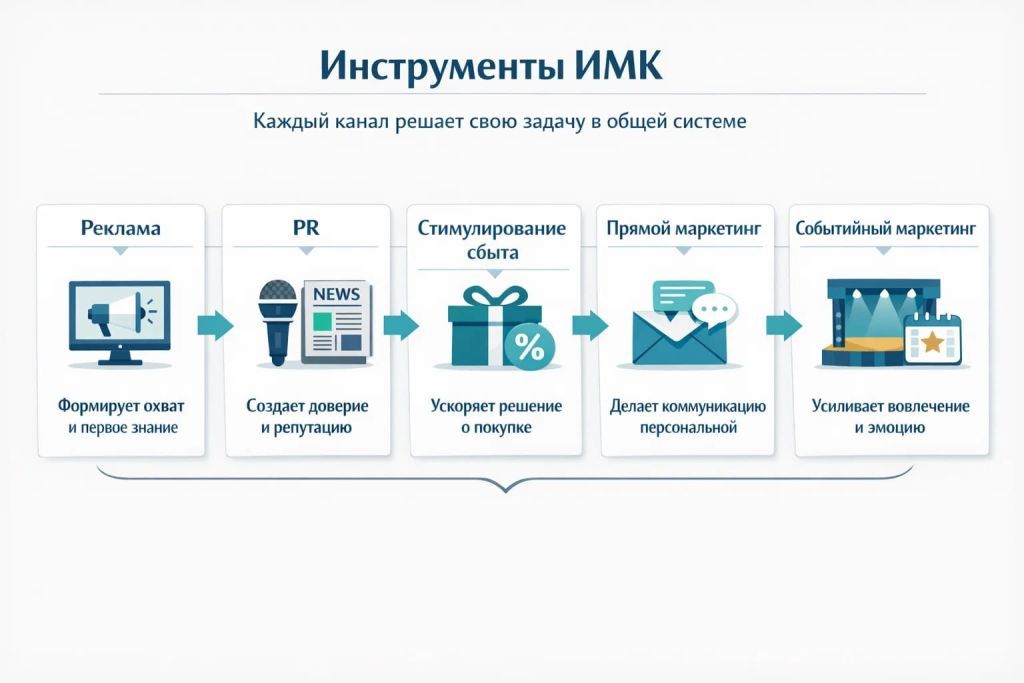 Инфографика о пяти инструментах ИМК: реклама, PR, стимулирование сбыта, прямой маркетинг и событийный маркетинг.