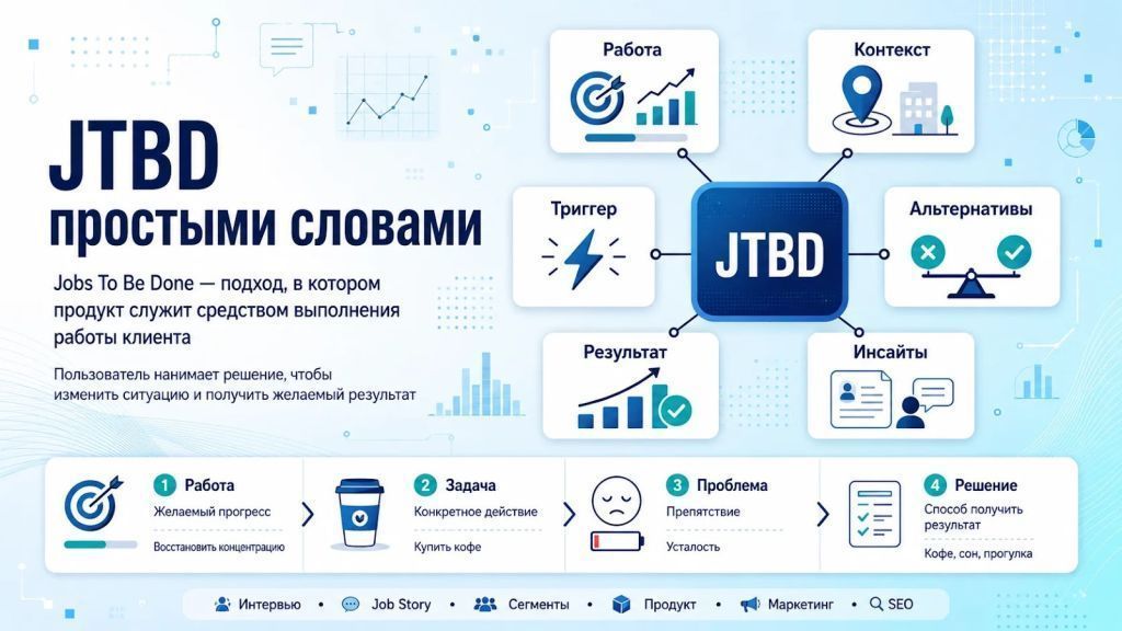 JTBD простыми словами: работа клиента, контекст, триггер, альтернативы и результат.