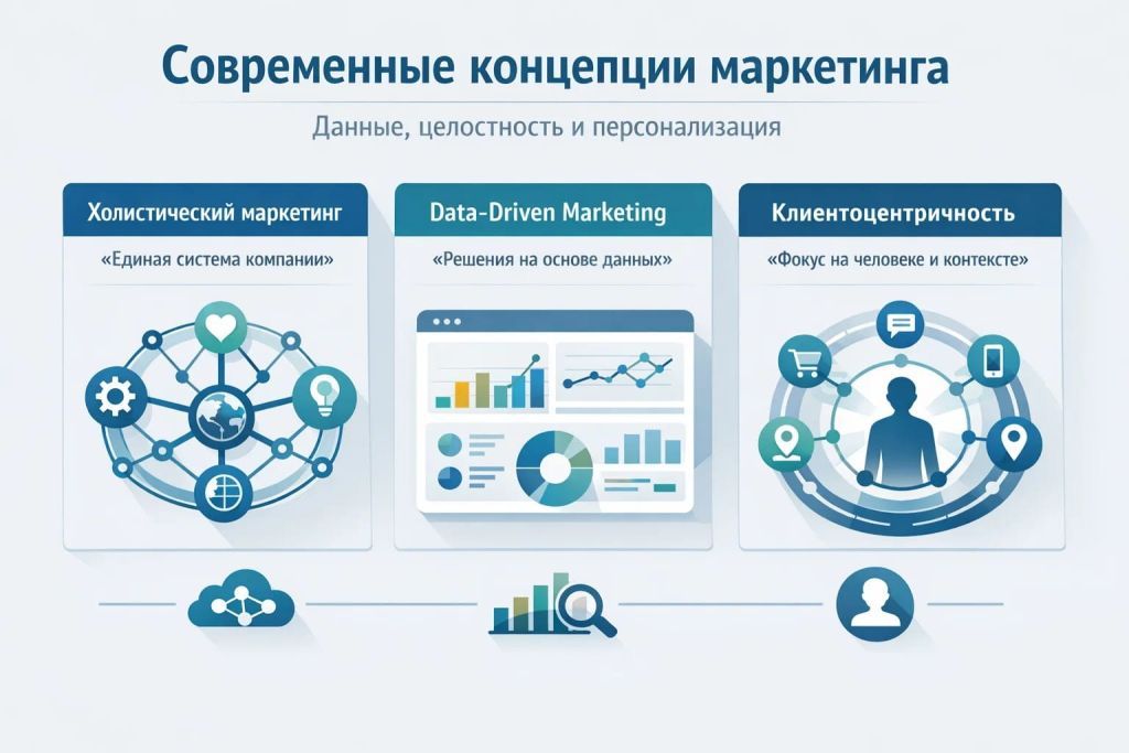 Инфографика о современных концепциях маркетинга: холистический подход, Data-Driven и клиентоцентричность.